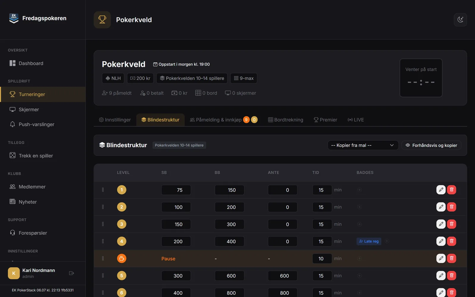 Blindestruktur-fanen i panelet med nivåene 1 til 6, en pause, badgen Late reg på nivå 4 og knappene Kopier fra mal og Forhåndsvis