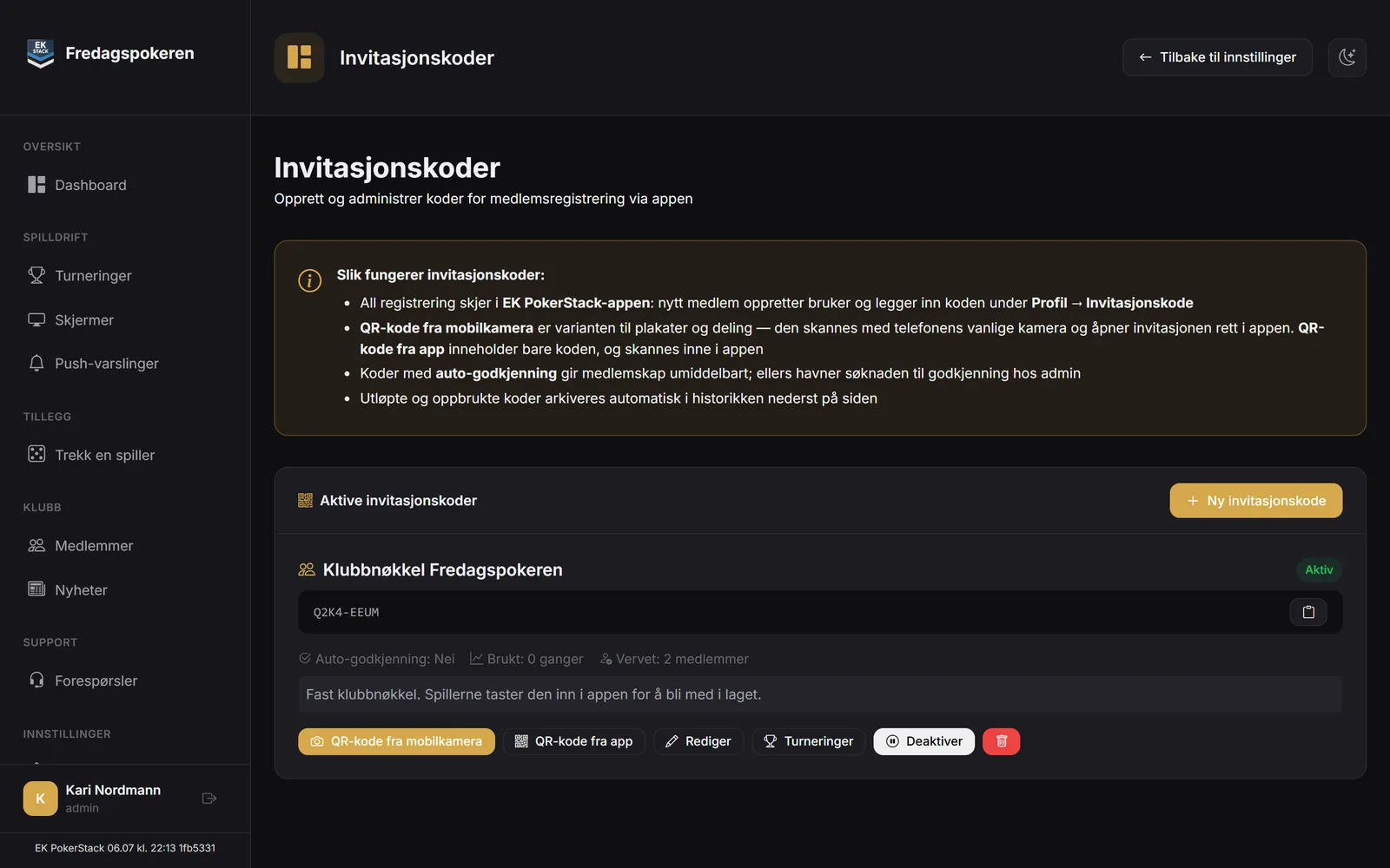 Siden Invitasjonskoder i panelet med klubbnøkkelen til Fredagspokeren, kopier-knapp og knappene QR-kode fra mobilkamera, QR-kode fra app, Rediger og Deaktiver